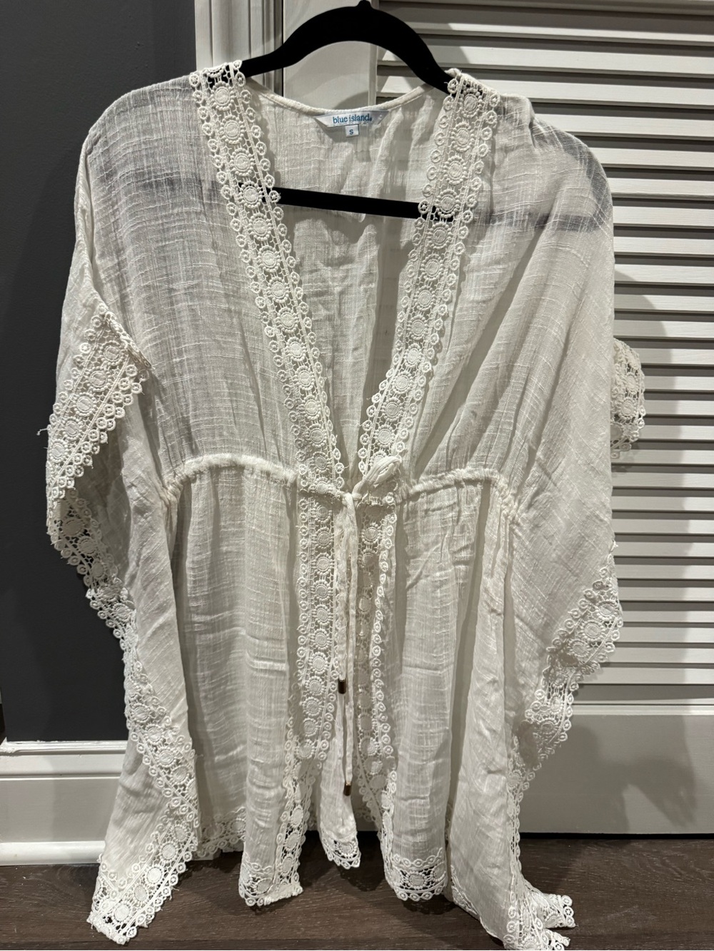 blue island White Crochet-Trim Gauze Kimono Coverup